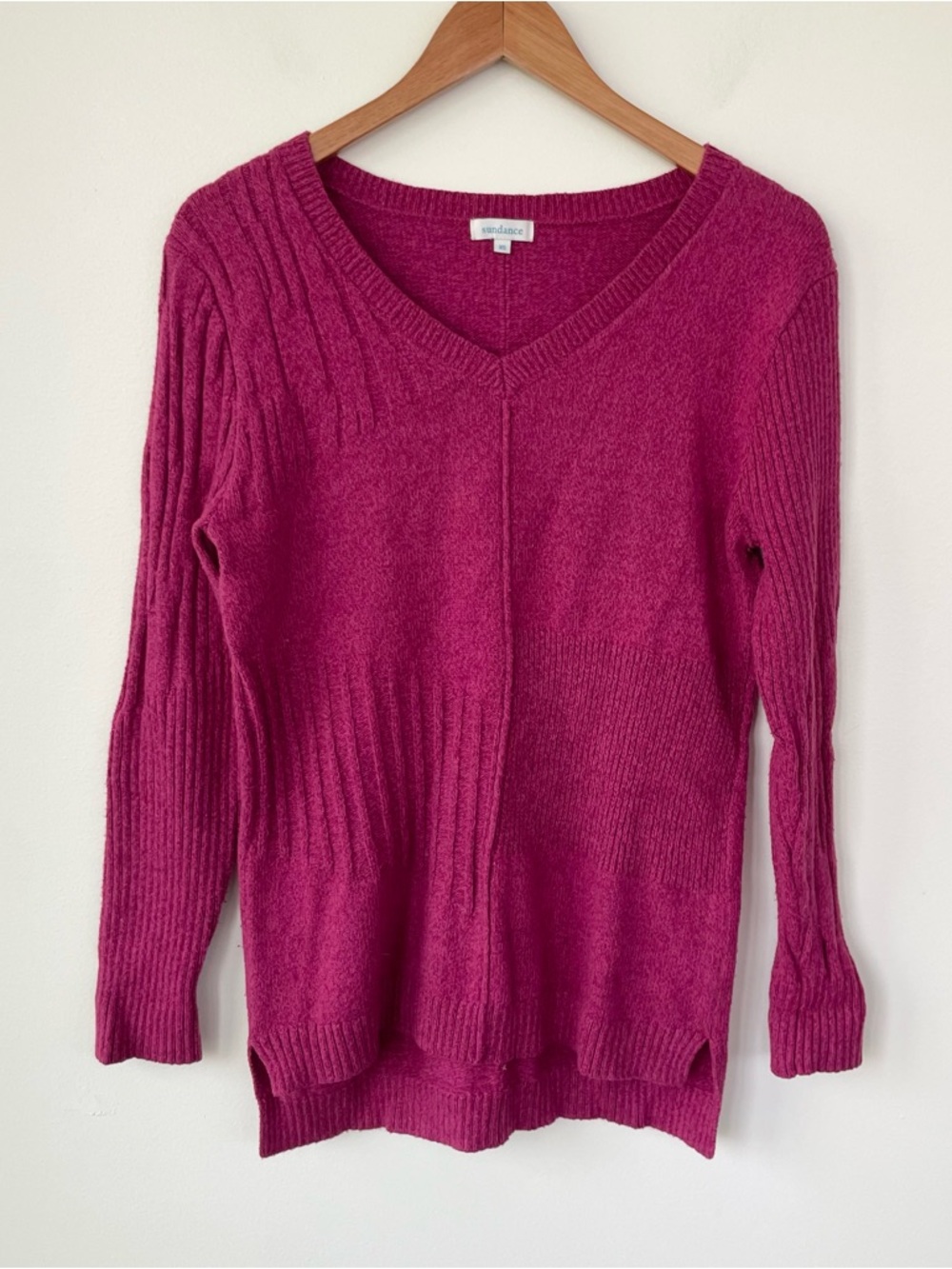 Sundance Cotton Silk Blend Patchwork Pattern Vneck Sweater Dark Fuchsia Pink XS